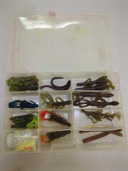 Tackle Box and contents including various fishing worm lures of similar style. Comes as is shown in