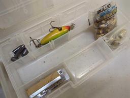 Bucket and 2 mini tackle boxes containing fishing lures of similar style and bullet weights.