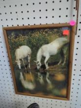FRAMED PHOTOGRAPH OF TWO WHITE HORSES DRINKING WATER, MEASURES 11 3/4"X13 3/4"W
