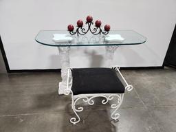 Fancy Glass Top Vanity or Sofa Table, Bench and Decorations