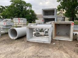LGE QTY OF PRECAST CONCRETE PRODUCTS: MANHOLE BASES & RISERS, HANDHOLES, SPILLWAYS SUPPORT EQUIPMENT