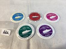 Lot of 5 Collector Pearl Harbor Naval Shipyard 1993 Pogs Assorted Colors  -  See Pictures