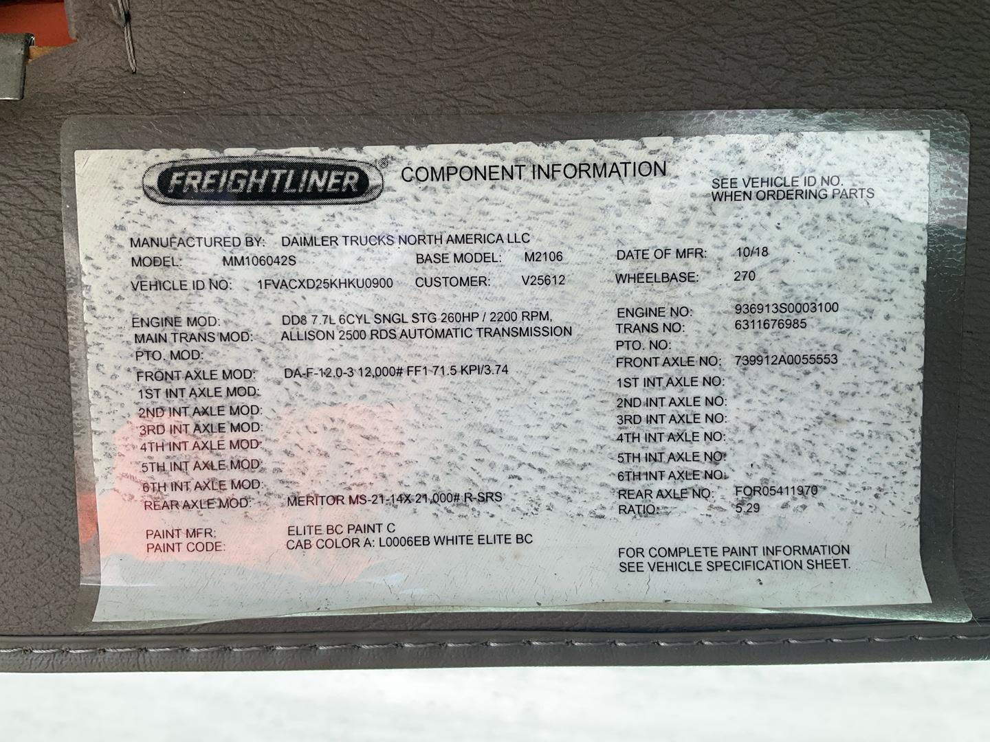 2019 FREIGHTLINER M2-106 Serial Number: 1FVACXD25KHKU0900