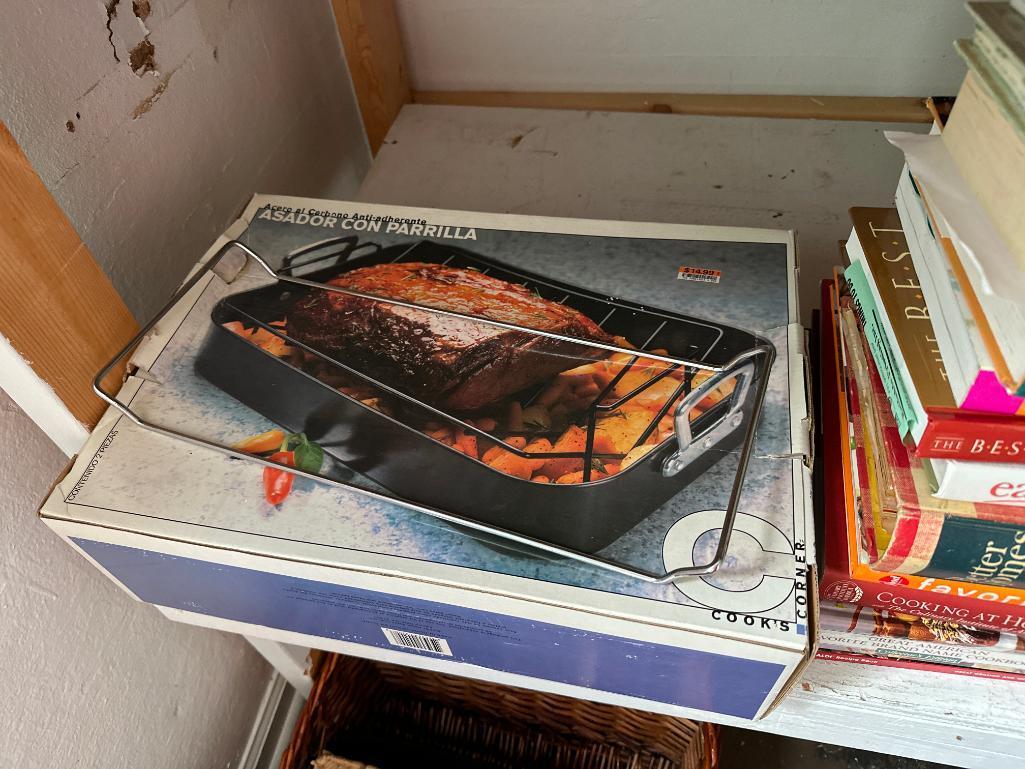 Group of Cook Books and Roasting Pan, Used