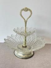 Vintage Glass and Metal 2 Tiered Serving Tray
