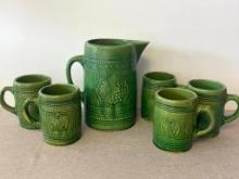 Stoneware Tankard Style Pitcher and Set of 5 Mugs