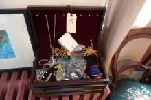 DARK WOOD JEWELRY BOX WITH LARGE LOT COSTUME JEWELRY INCLUDING WATCHES BRAC