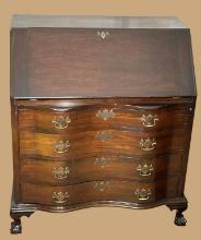 Vintage Mahogany Serpentine Front Slant Top Desk -