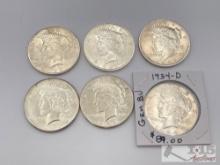 (6) 1922-1934 Silver Peace Dollars