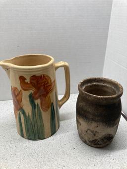 Signed pottery vase with a blue accents, also pitcher and crock
