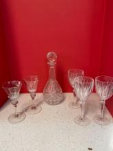 Crystal decanter and five crystal goblets