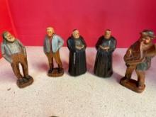 Hand carved figures, 2 resin folk art old men and a vintage Meerschaum face smoking pipe