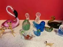 Hand Blown pink flamingo, swan and birds. Hand blown miniature cow figurines and more