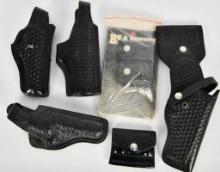 6 Various Size Black Leather Basketweave Holsters