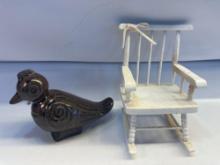 Wooden White Rocking Chair Toy/ Ceramic Brown Bird Figurine