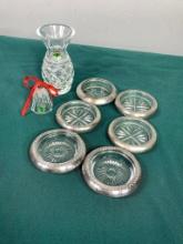 Sterling Silver and glass coasters, two Waterford crystal pieces