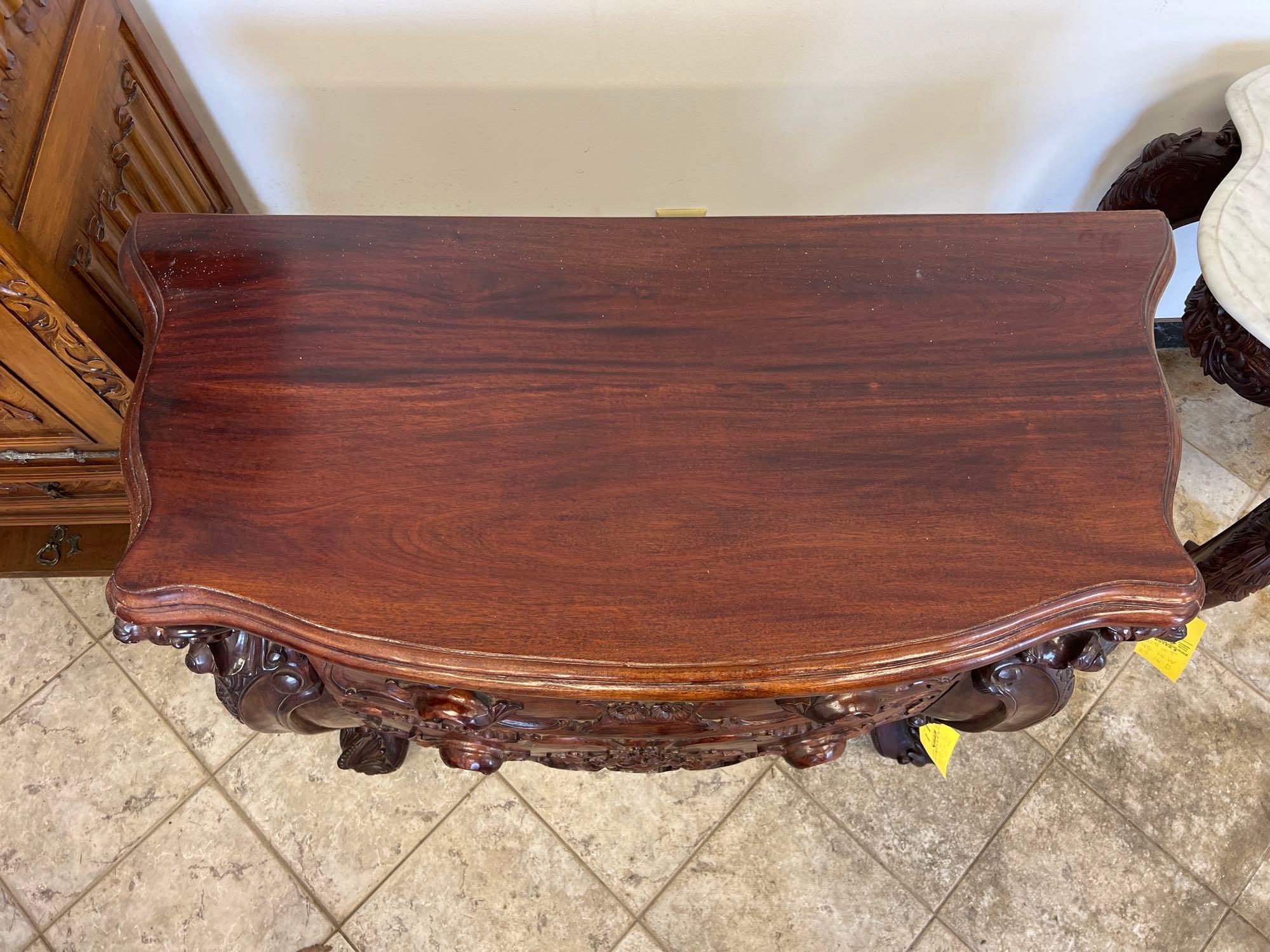 Ornate Carved Wood Three Drawer Dresser Table