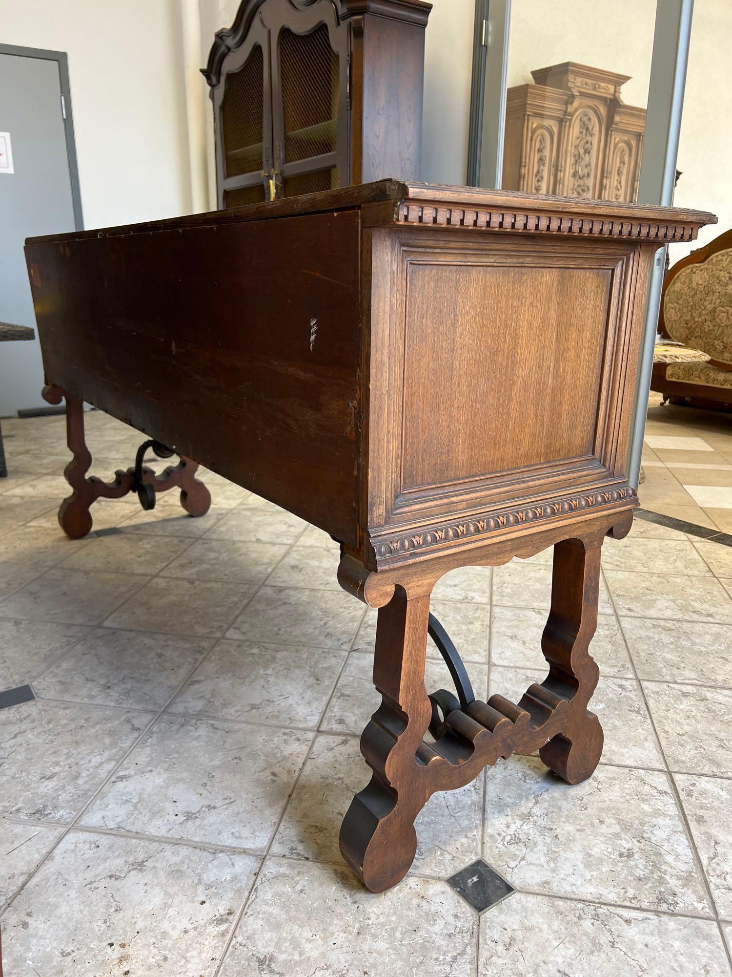 1940s Ornate Wood Buffet Server with Wrought Iron Accents