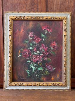 Signed Oil on Canvas Roses with Early Ornate Frame