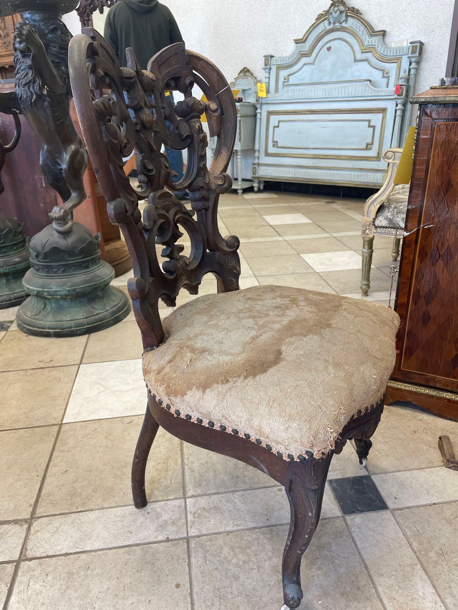 Early Ornate Marble Top Carved Wood Desk and Chair