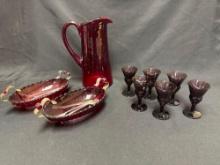 large ruby red blown glass pitcher, relish dishes, lady Astor cordial glasses