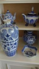 Chinese Blue & White Porcelain lot of teapots, vase, urn, and bowl