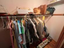 contents in upstairs bedroom closet, clothing, 8 tracks, etc