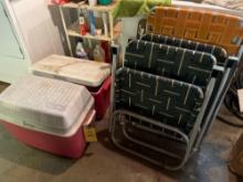 Cooler Assortment & 3 Lawn Chairs
