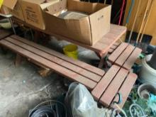 6ft king picnic table, 2 benches 2 short benches, sectional table, contents underneath