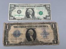 1923 $1 Silver Certificate Blanket Bill, 1981 $1 & $20 Conjoined Note (novelty item)