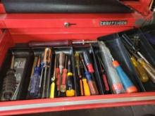 Drawer full of assorted drivers, chisels, Pittsburgh angle wrench set
