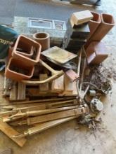 Pallet of Assorted Clay Pipe Pieces, Basement Windows, Metal Pieces, Tripods, & more