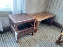 Wooden Coffee Table & Wicker Stand