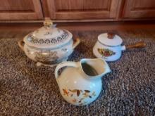Fondue Pot, Leaf Pattern Pitcher, & Ornate Decorative Serving Piece