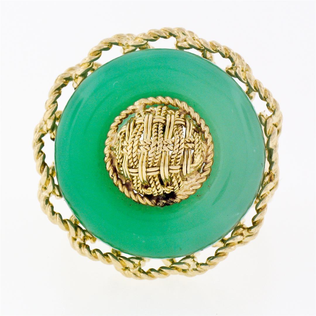 Vintage 18K Gold Braided Twisted Wire Frame Circle Platter Cocktail Jade Ring