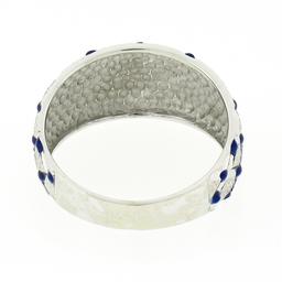 14k White Gold Royal Blue Enamel Dot Tufted Grid w/ Dual Finish Wide Band Ring