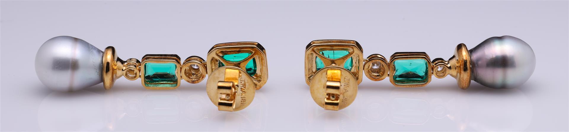 Pair of Elaborate 18K Yellow Gold Pearl, Diamond & Gilson Emerald earrings