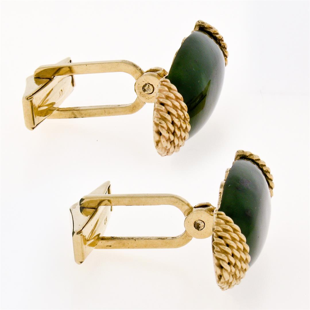 Vintage 14k Yellow Gold Long Marquise Shaped Jade Rope Pattern Swivel Cuff Links