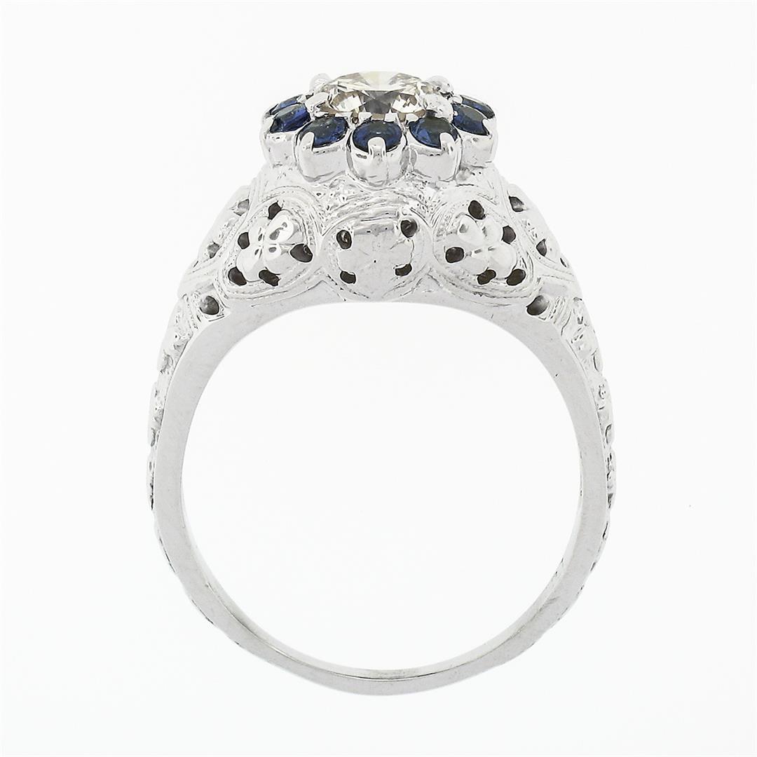 Vintage 18k White Gold 1.09 ctw Diamond Solitaire Sapphire Halo W/ Milgrain Ring