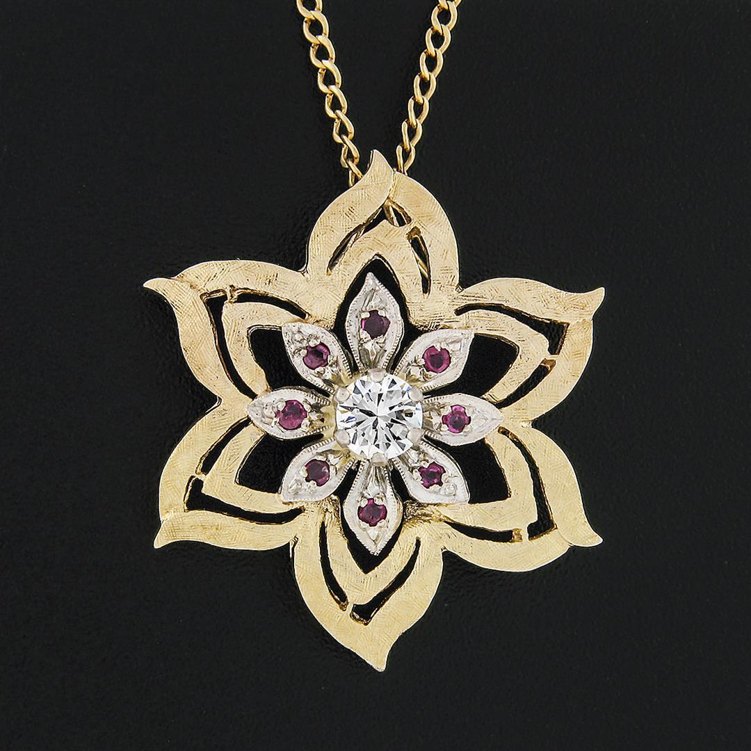 Vintage 14k Two Tone Gold Diamond Ruby Florentine Finish Flower Pendant Necklace