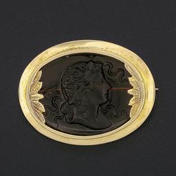 Antique 14K Yellow Gold Sideways Oval Carved Brown Glass Cameo Floral Pin Brooch