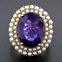 Vintage 14k Yellow Gold 7.13 ctw Oval Amethyst Solitaire & Pearl Halo Cluster Ri