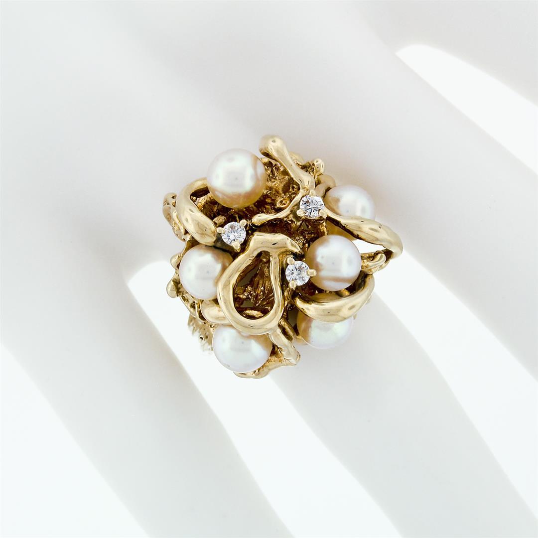 Vintage 14k Yellow Gold 0.15 ctw Round Diamond & 6mm Pink Pearl Statement Ring