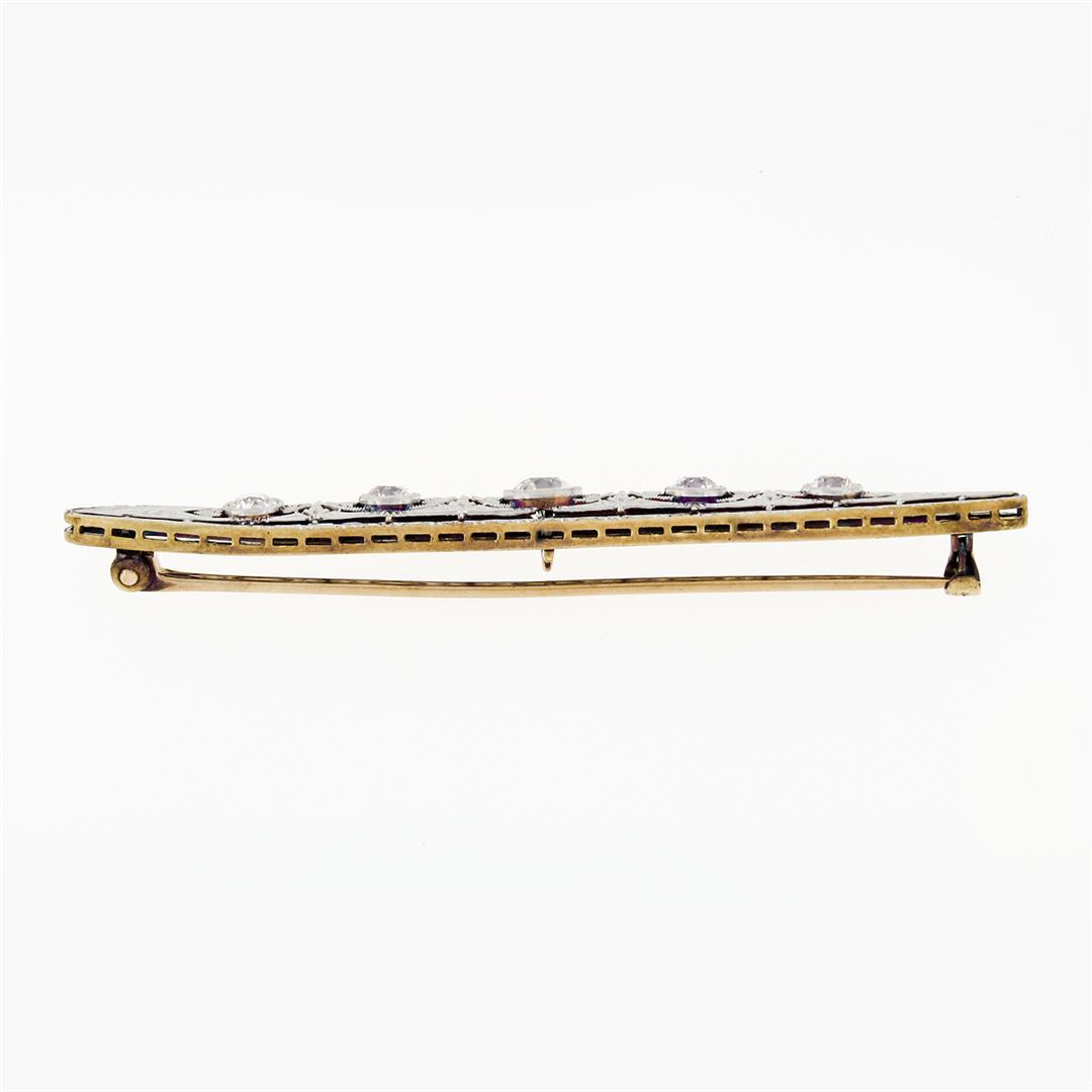 Antique Edwardian Krementz 14k Gold Filigree Milgrain Old Diamond Bar Pin Brooch