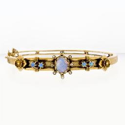 Vintage 14K Yellow Gold Opal & Pearl Textured Floral Open Hinged Bangle Bracelet