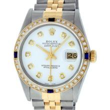 Rolex Mens Two Tone White Diamond And Sapphire 36MM Datejust Wristwatch