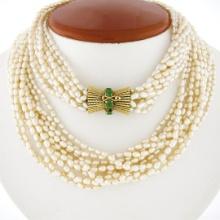 Vintage 11 Strand 31" Freshwater Pearl Necklace w/ 14k Gold Jade Handmade Clasp