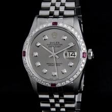 Rolex Mens Stainless Steel Gray Diamond And Ruby Datejust Wristwatch 36MM