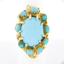 Vintage 18k Gold Large Oval Cabochon Cut Turquoise Open Coral Reef Freeform Ring