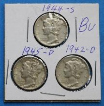 Lot of 3 Silver Mercury Dimes 1942-1945